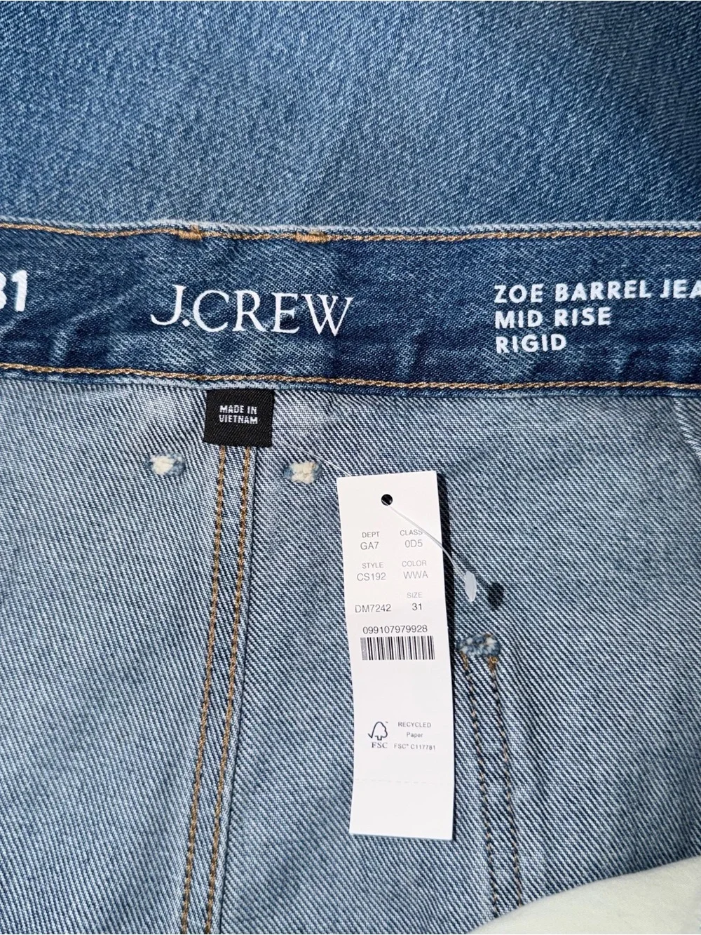 NWT J CREW Zoe Barrel Jeans Mid Rise Rigid Denim Size 31 New Blue
